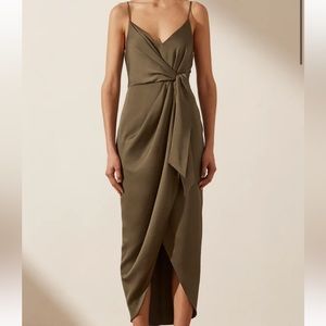 NWT Shona Joy Luxe Tie Front Cocktail Dress in “Pine” (Olive Green)